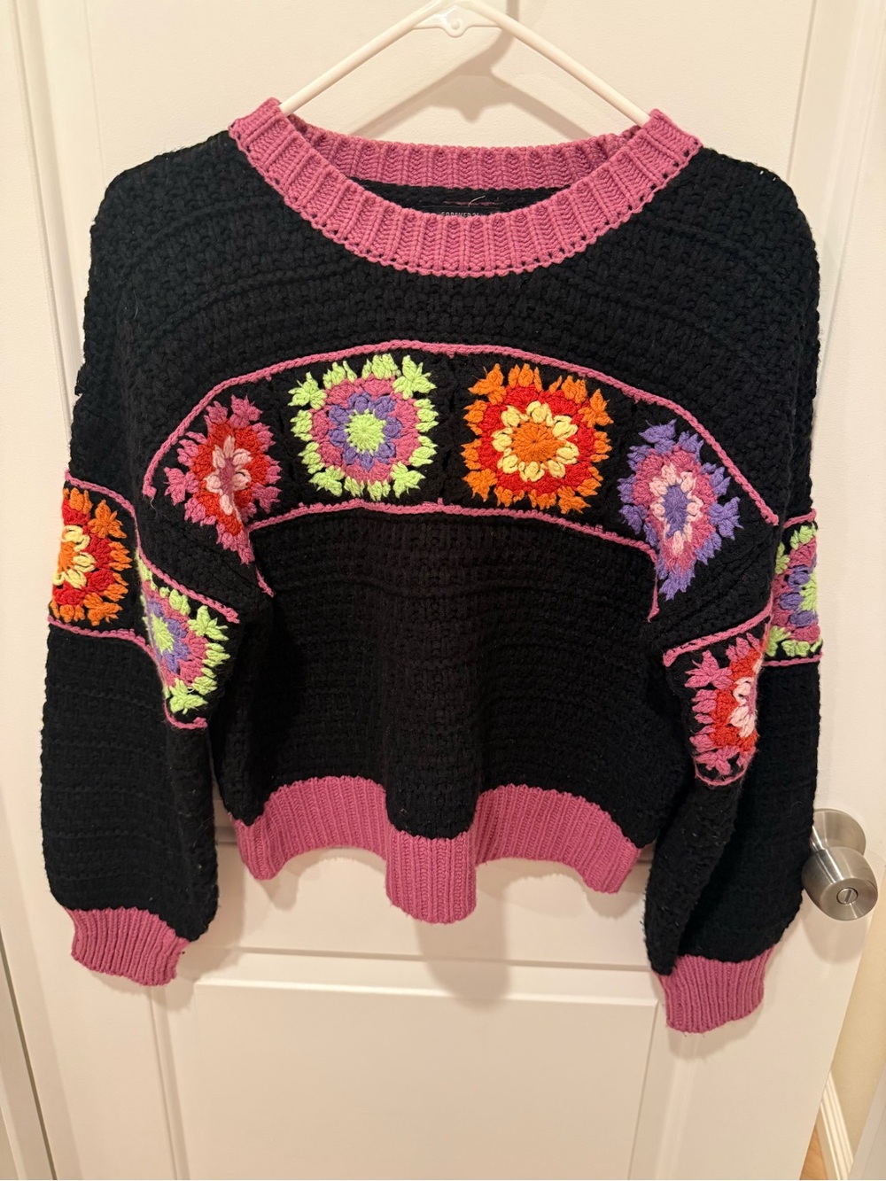 Black Crocheted Floral Crewneck Sweater with Pink Trim